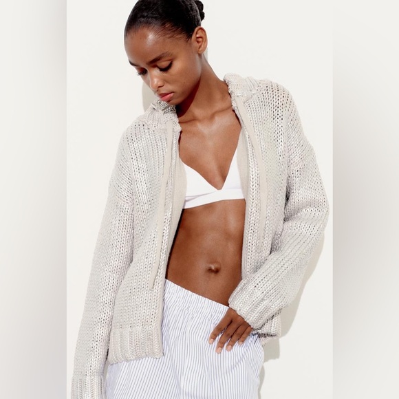 ZARA COTTON ZIP UP CARDIGAN SWEATER with HOOD RETRO MODERN CHIC Beige Silver L - Picture 5 of 11